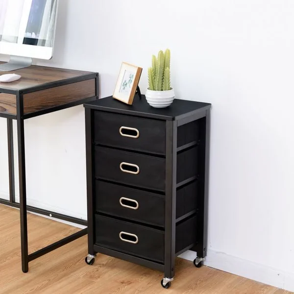 Caisson de Bureau à Roulettes 4 Tiroirs et et Rangement pour Dossiers et Documents Noir
