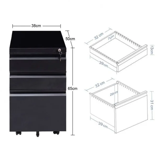 Caisson pour Bureau Armoire de Bureau avec 5 Roulettes et 3 Tiroirs Serrure 2 Clés en Métal 38x50x65cm Blanc