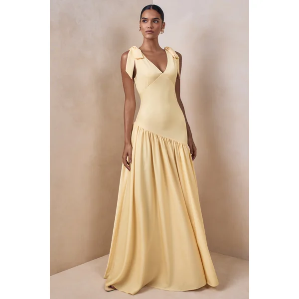 Cala | Robe longue en satin mat citron à encolure plongeante avec manches à nœuds