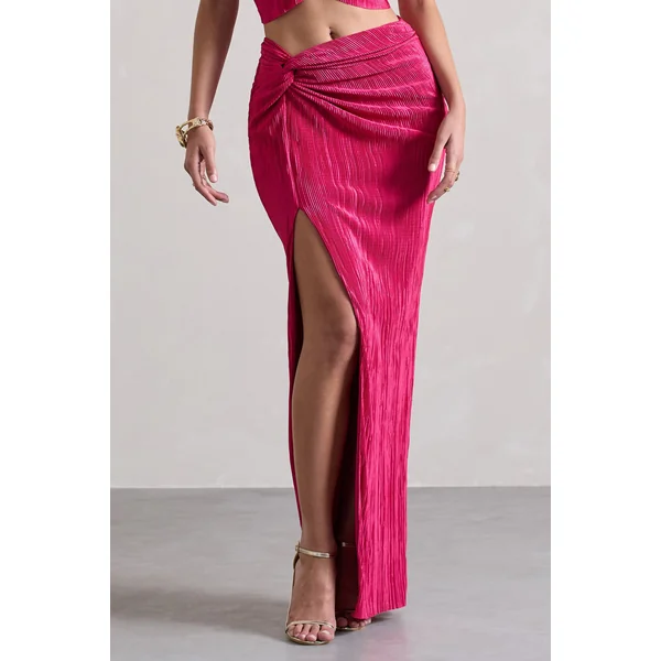 Calida | Jupe longue plissée à fente et nœud rose fuchsia