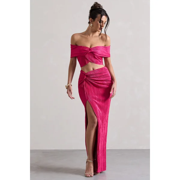 Calida | Jupe longue plissée à fente et nœud rose fuchsia