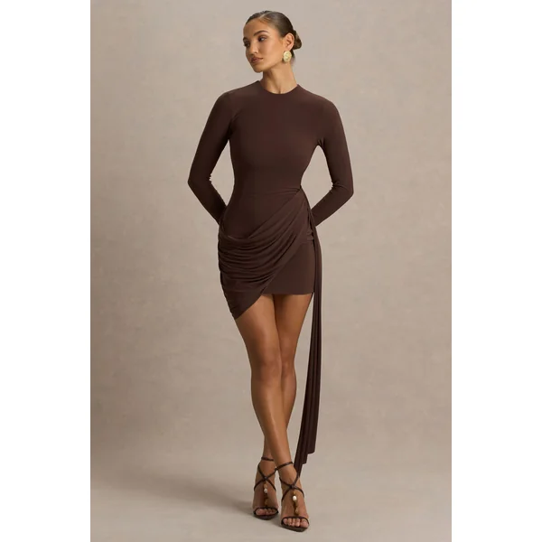 Calista | Mini-robe marron à encolure haute avec nœud
