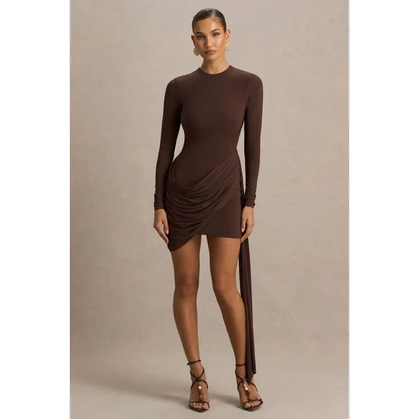 Calista | Mini-robe marron à encolure haute avec nœud