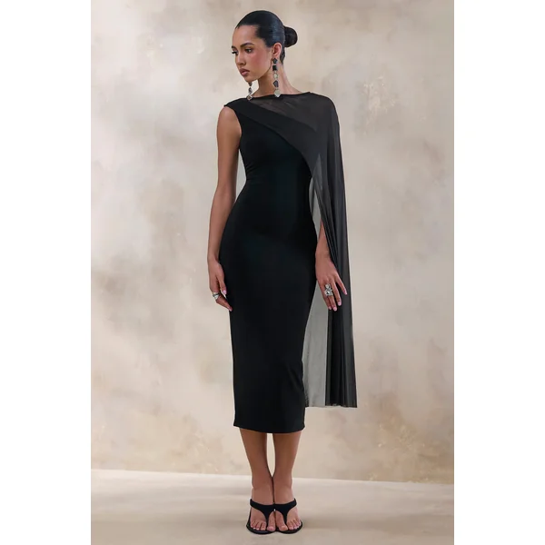 Caloria | Robe mi-longue noire à encolure asymétrique avec cape en mesh