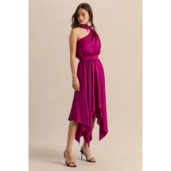 Caluna | Robe mi-longue en satin rose fuchsia à encolure asymétrique avec détail écharpe
