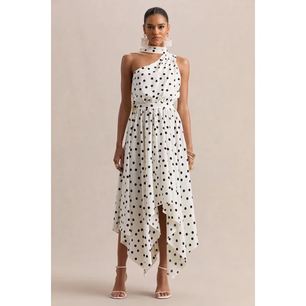 Caluna | Robe mi-longue en satin à pois noirs et blancs à encolure asymétrique avec détail foulard
