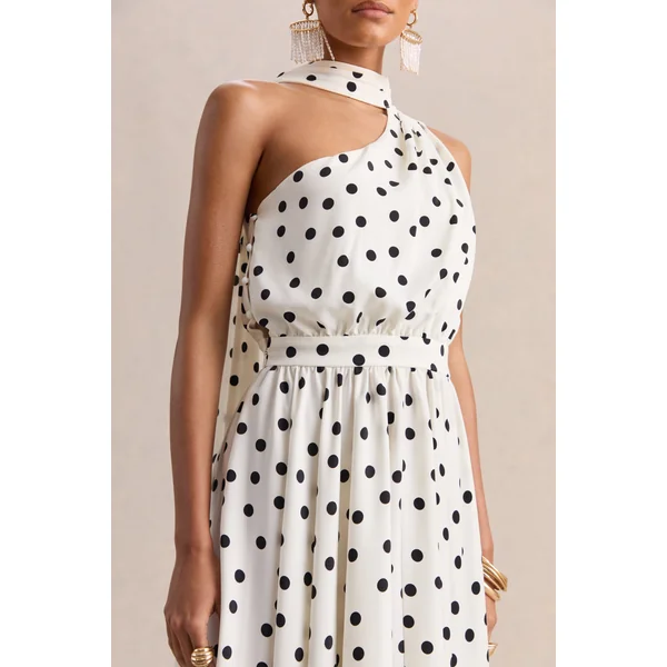 Caluna | Robe mi-longue en satin à pois noirs et blancs à encolure asymétrique avec détail foulard