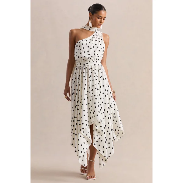 Caluna | Robe mi-longue en satin à pois noirs et blancs à encolure asymétrique avec détail foulard