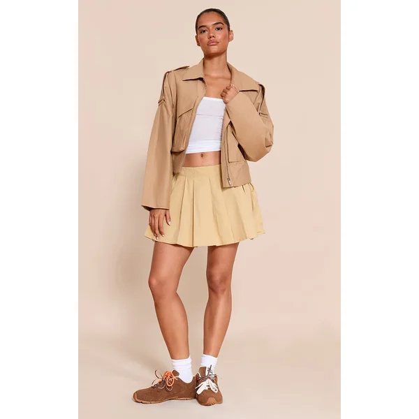 Camel Mini-jupe Plissée En Coton Avec Fronces Latérales