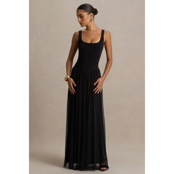 Camila | Robe longue noire à encolure ronde avec taille basse et jupe plissée