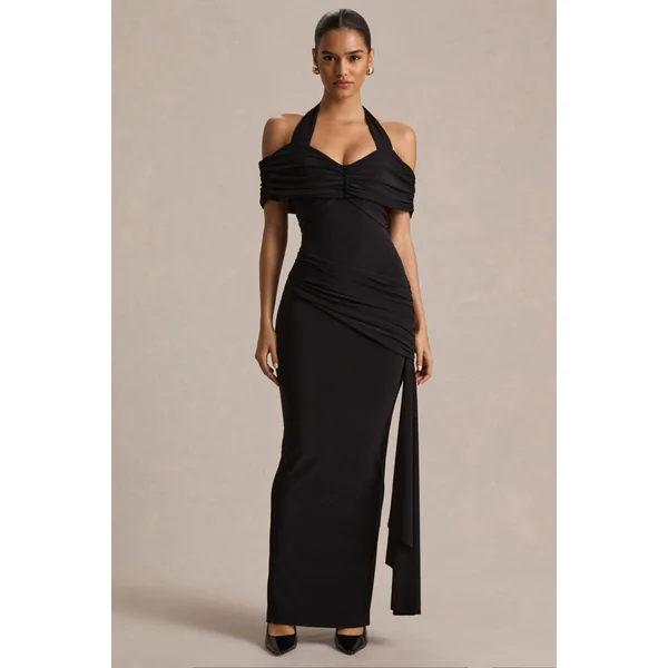 Camille | Robe longue noire à encolure bardot