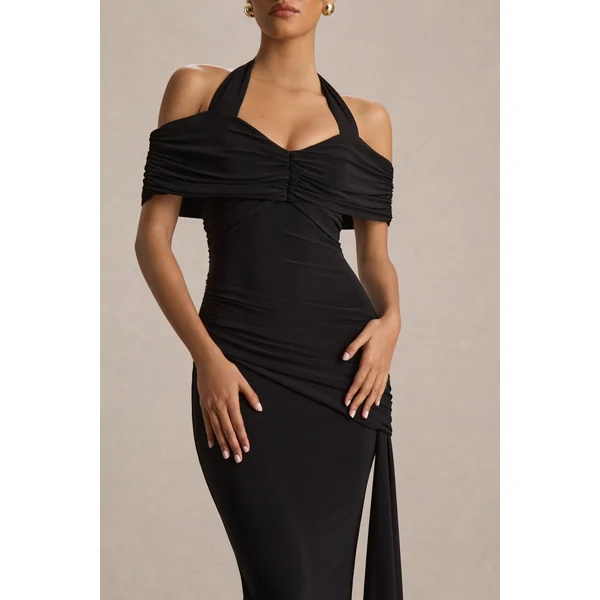 Camille | Robe longue noire à encolure bardot
