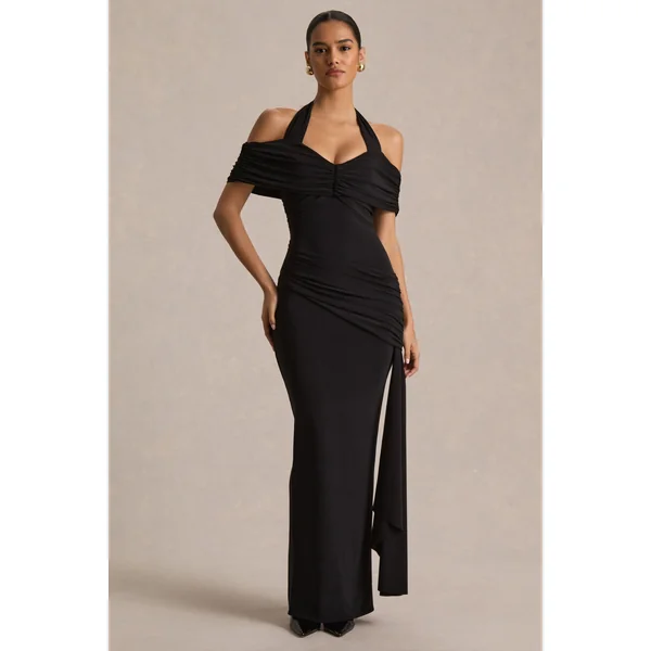 Camille | Robe longue noire à encolure bardot