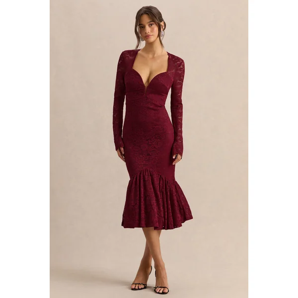 Camilly | Robe mi-longue sirène en dentelle bordeaux à décolleté plongeant