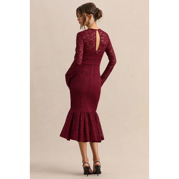 Camilly | Robe mi-longue sirène en dentelle bordeaux à décolleté plongeant