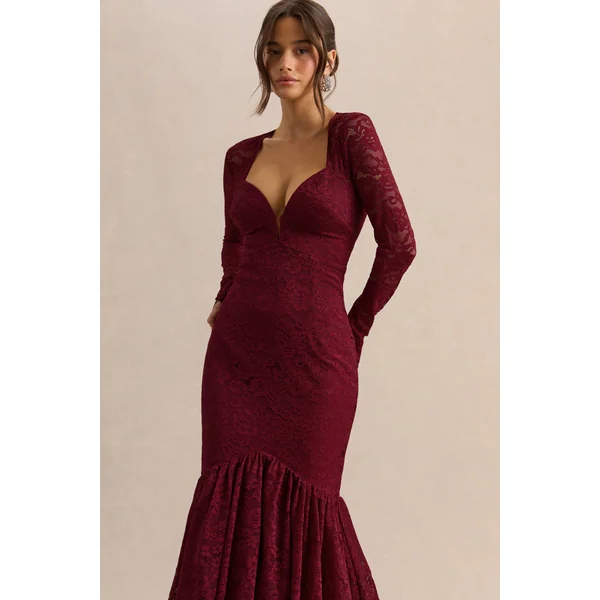 Camilly | Robe mi-longue sirène en dentelle bordeaux à décolleté plongeant
