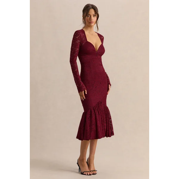 Camilly | Robe mi-longue sirène en dentelle bordeaux à décolleté plongeant