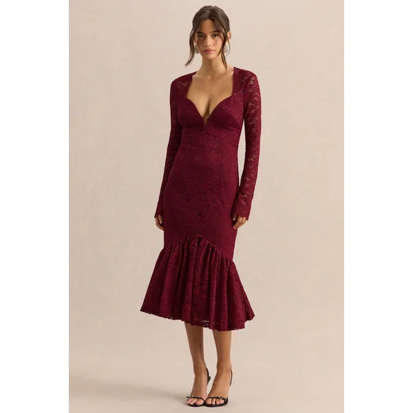 Camilly | Robe mi-longue sirène en dentelle bordeaux à décolleté plongeant