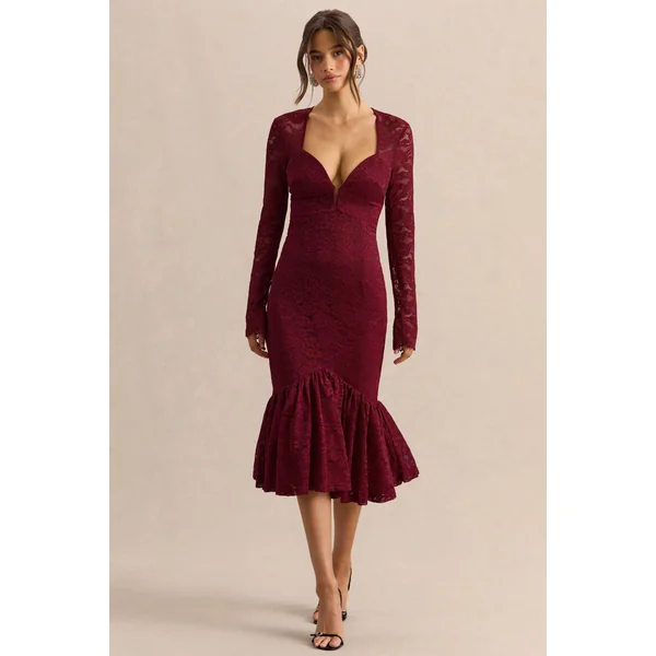 Camilly | Robe mi-longue sirène en dentelle bordeaux à décolleté plongeant