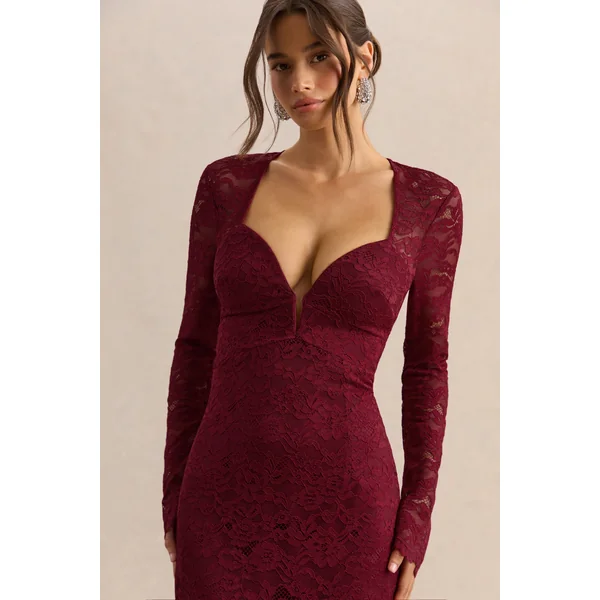 Camilly | Robe mi-longue sirène en dentelle bordeaux à décolleté plongeant
