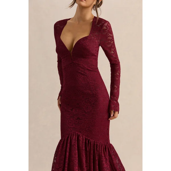 Camilly | Robe mi-longue sirène en dentelle bordeaux à décolleté plongeant