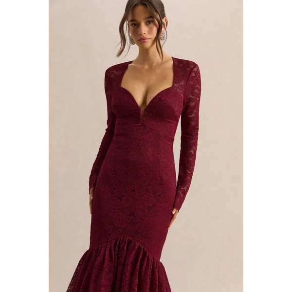 Camilly | Robe mi-longue sirène en dentelle bordeaux à décolleté plongeant