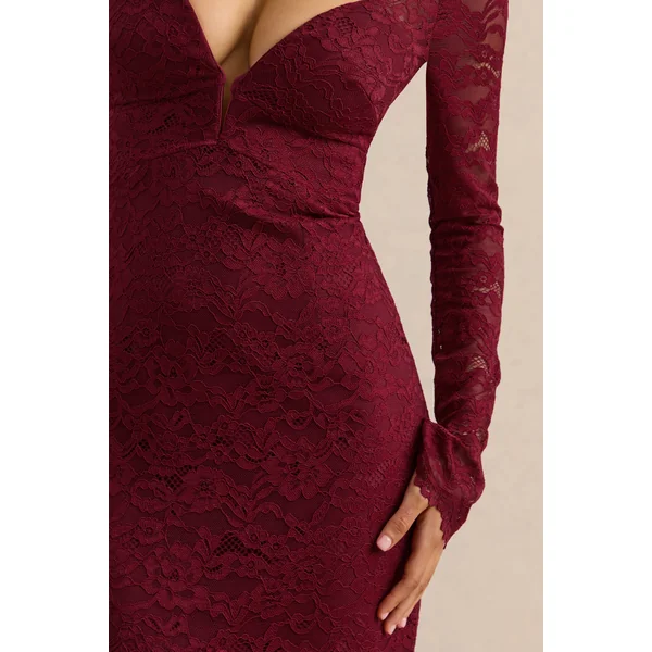 Camilly | Robe mi-longue sirène en dentelle bordeaux à décolleté plongeant