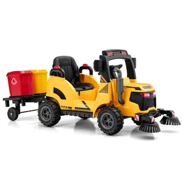 Camion Balayeuse Rue 12V 2-4 km/h 2 Brosses Rotatives 2 Poubelles Effets Lumineux et Sonores-Roues à Friction Jaune