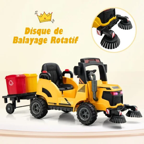 Camion Balayeuse Rue 12V 2-4 km/h 2 Brosses Rotatives 2 Poubelles Effets Lumineux et Sonores-Roues à Friction Jaune