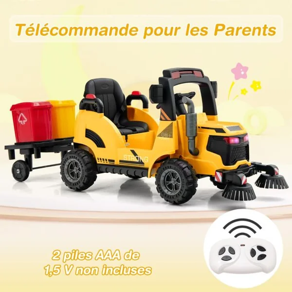 Camion Balayeuse Rue 12V 2-4 km/h 2 Brosses Rotatives 2 Poubelles Effets Lumineux et Sonores-Roues à Friction Jaune
