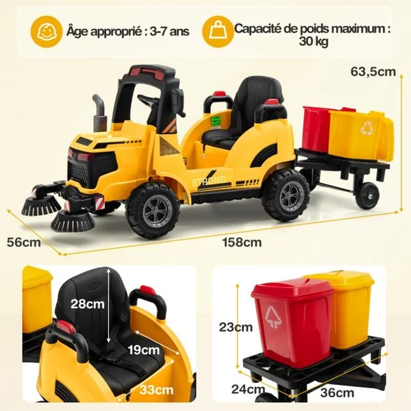 Camion Balayeuse Rue 12V 2-4 km/h 2 Brosses Rotatives 2 Poubelles Effets Lumineux et Sonores-Roues à Friction Jaune