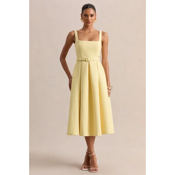 Camoria | Robe mi-longue citron en bouclé à encolure carrée