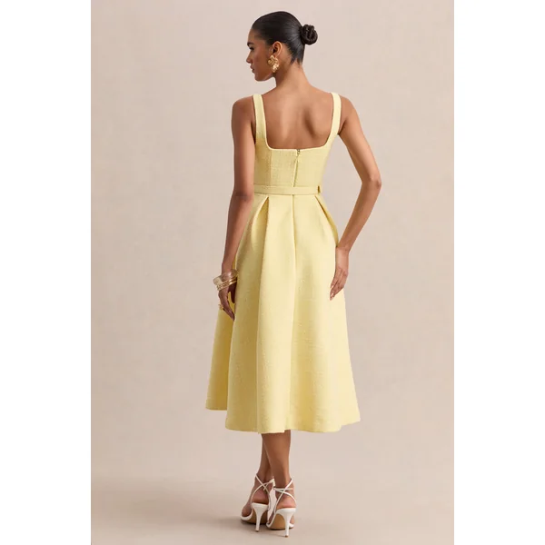Camoria | Robe mi-longue citron en bouclé à encolure carrée