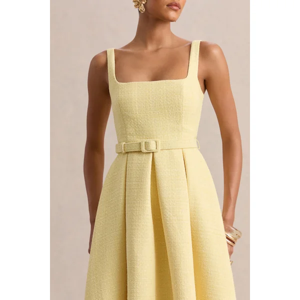 Camoria | Robe mi-longue citron en bouclé à encolure carrée
