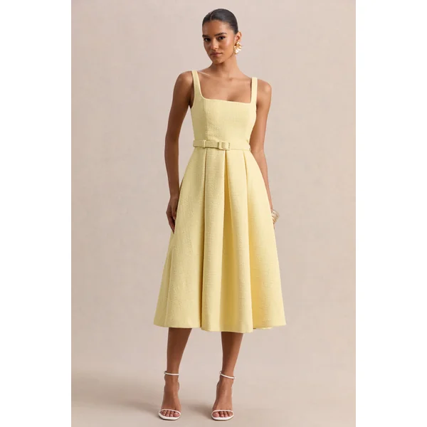 Camoria | Robe mi-longue citron en bouclé à encolure carrée