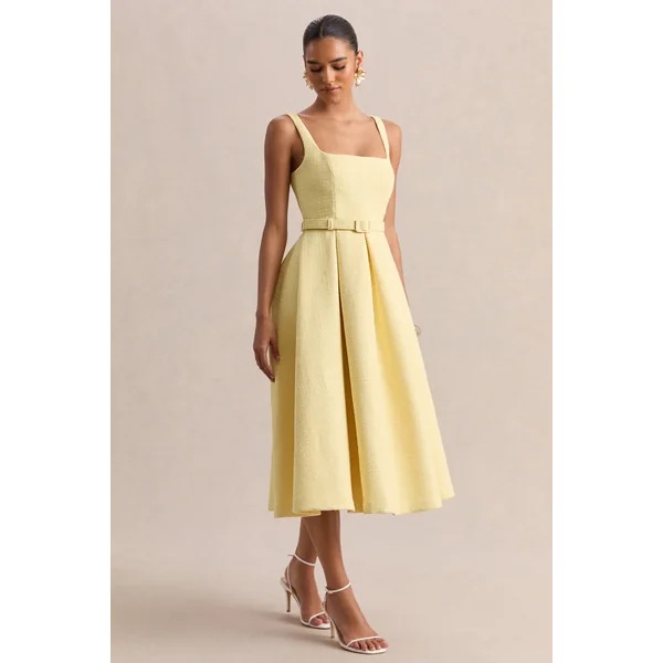 Camoria | Robe mi-longue citron en bouclé à encolure carrée