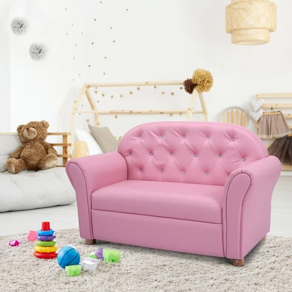 Canapé 2 Places pour Enfants Style Princesse Dossier Haut Capacité 100 kg en Bois Mousse Cuir PVC 94x43x57cm Rose