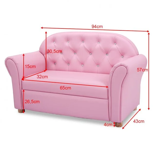 Canapé 2 Places pour Enfants Style Princesse Dossier Haut Capacité 100 kg en Bois Mousse Cuir PVC 94x43x57cm Rose