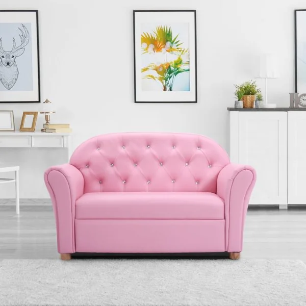 Canapé 2 Places pour Enfants Style Princesse Dossier Haut Capacité 100 kg en Bois Mousse Cuir PVC 94x43x57cm Rose