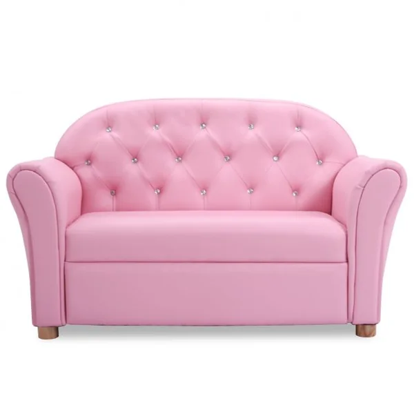 Canapé 2 Places pour Enfants Style Princesse Dossier Haut Capacité 100 kg en Bois Mousse Cuir PVC 94x43x57cm Rose
