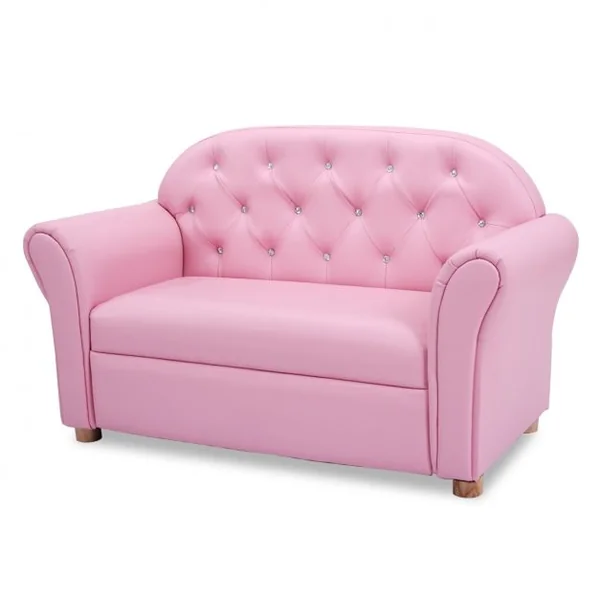 Canapé 2 Places pour Enfants Style Princesse Dossier Haut Capacité 100 kg en Bois Mousse Cuir PVC 94x43x57cm Rose