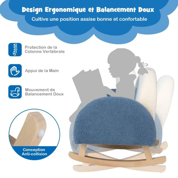 Canapé Bébé Enfant à Bascule avec Pieds en Bois de Peuplier Anti-renversement 3 à 5 ans Rouge/Bleu