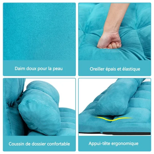 Canapé Convertible 2 Places 113 x 179 CM Dossier Réglable à 6 Positions Housse Détachable 2 Oreillers Bleu