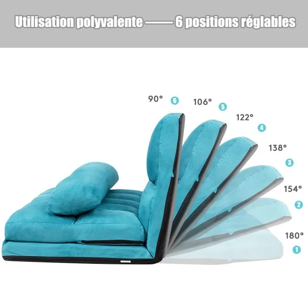 Canapé Convertible 2 Places 113 x 179 CM Dossier Réglable à 6 Positions Housse Détachable 2 Oreillers Bleu