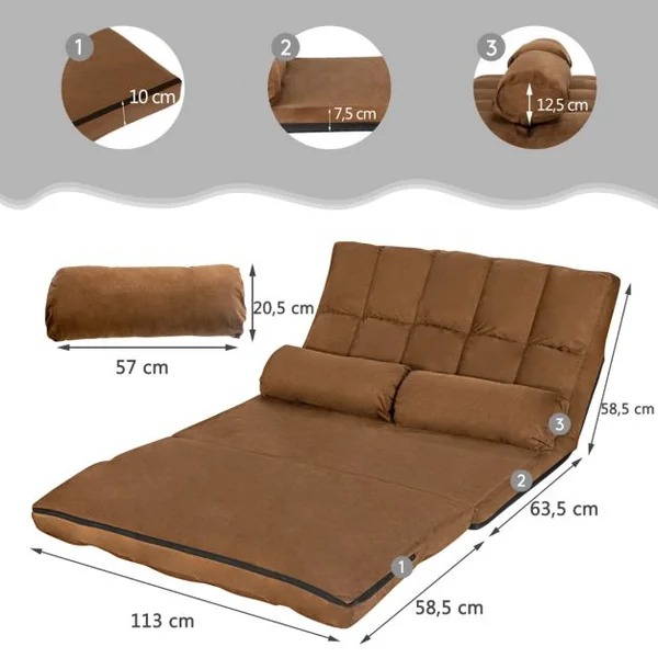 Canapé Convertible 2 Places 113 x 179 CM Dossier Réglable à 6 Positions Housse Détachable 2 Oreillers Café