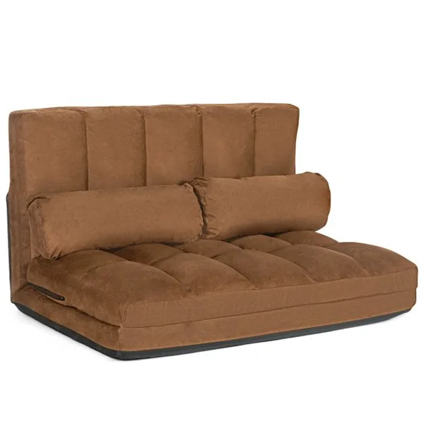 Canapé Convertible 2 Places 113 x 179 CM Dossier Réglable à 6 Positions Housse Détachable 2 Oreillers Café