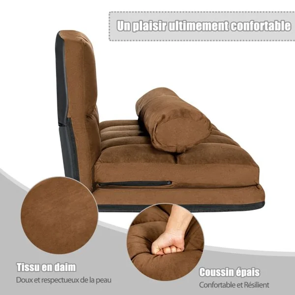 Canapé Convertible 2 Places 113 x 179 CM Dossier Réglable à 6 Positions Housse Détachable 2 Oreillers Café