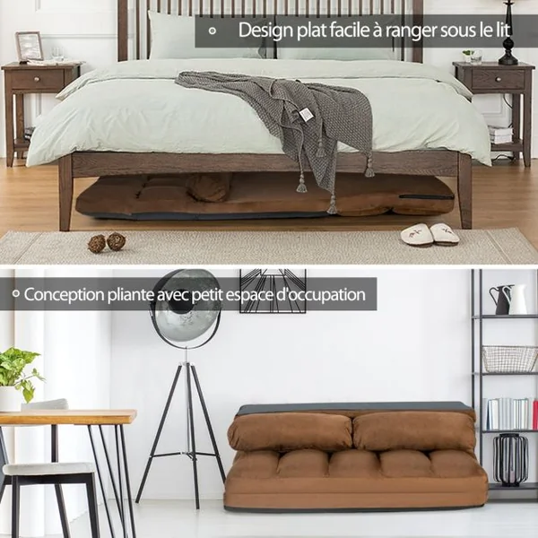 Canapé Convertible 2 Places 113 x 179 CM Dossier Réglable à 6 Positions Housse Détachable 2 Oreillers Café