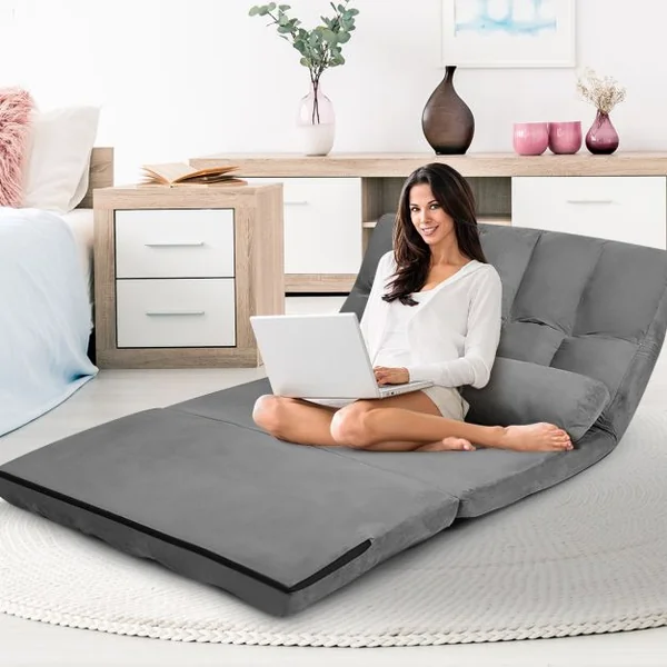 Canapé Convertible 2 Places 113 x 179 CM Dossier Réglable à 6 Positions Housse Détachable 2 Oreillers Gris