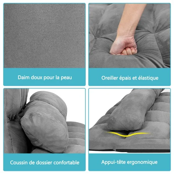 Canapé Convertible 2 Places 113 x 179 CM Dossier Réglable à 6 Positions Housse Détachable 2 Oreillers Gris